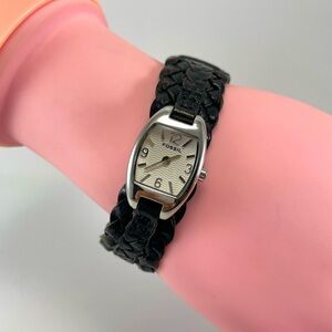 Fossil Watch Women’s Silver Tone Square Black Leather Braided Band